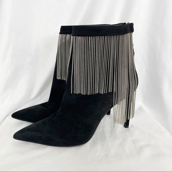 Balmain Mercy Suede Chain Fringe Pointed Toe Stiletto Heeled Ankle Boots Black - Picture 2 of 14